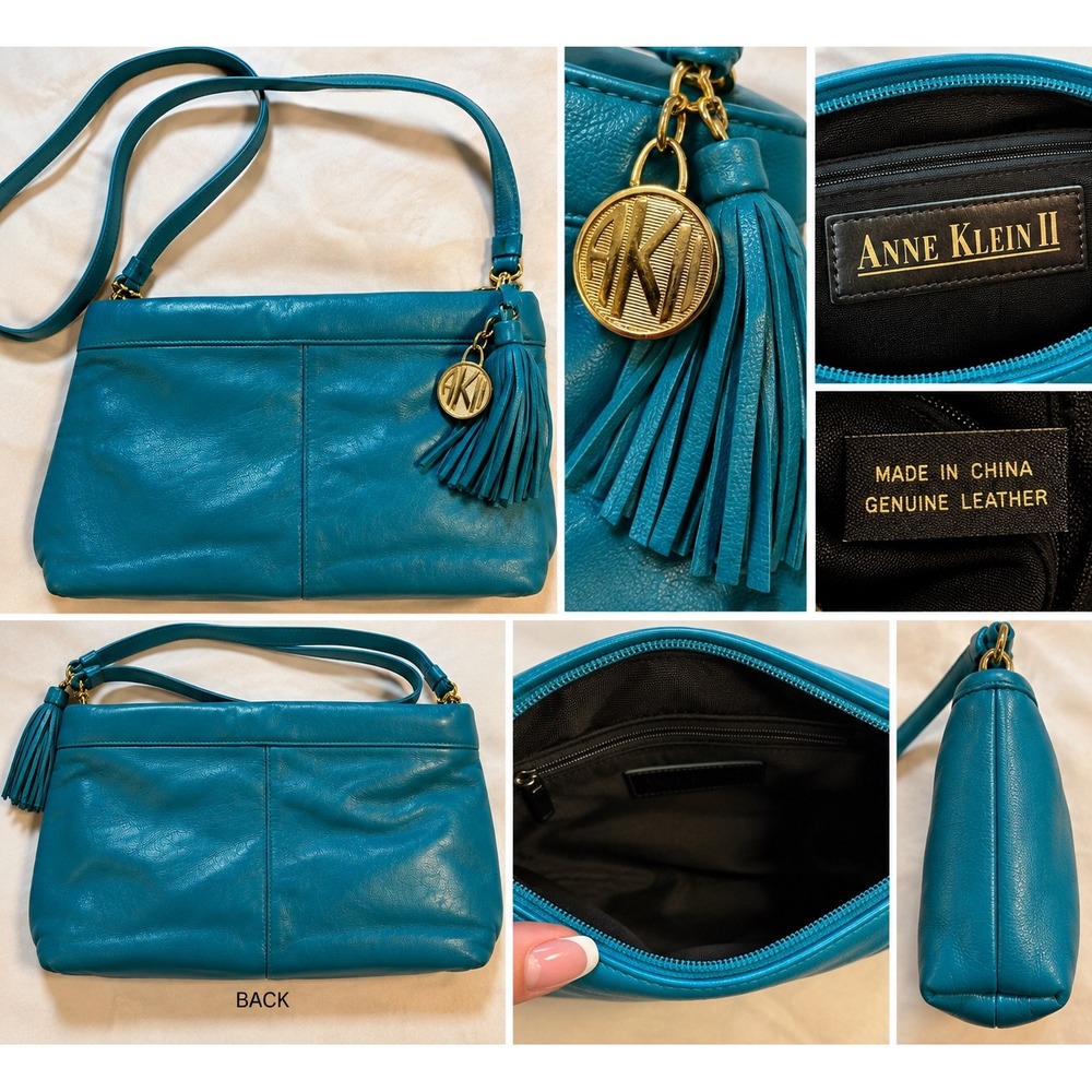 Anne Klein II Teal Blue Genuine Leather Tassel Crossbody Bag Vintage Gold Logo